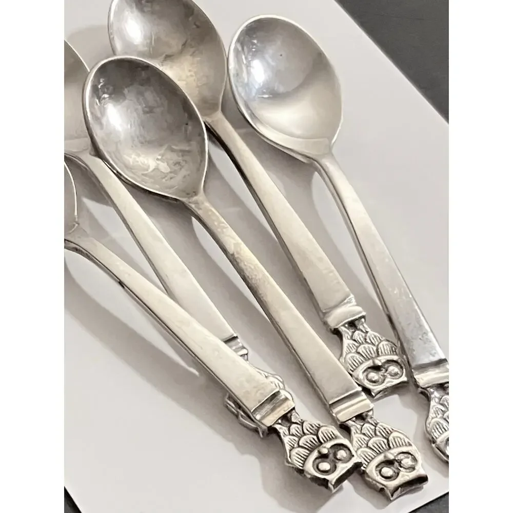 Vintage MCM Owl Spoon Set Of 6 Silver Plate Mid Century Retroneu Demitasse Size